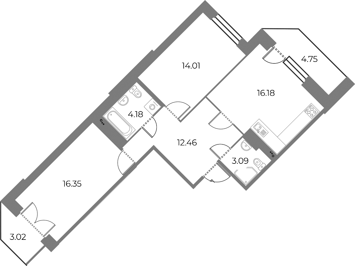 2-комнатная квартира 69.56 м², 15/18 эт., ЖК «Огни Залива»